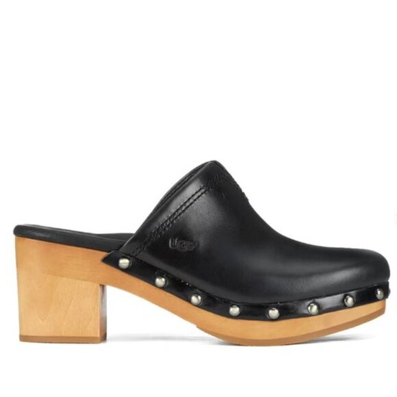 Brand New NIB UGG Kay Black Leather Studded Heeled Clogs Size 9 - Picture 1 of 9